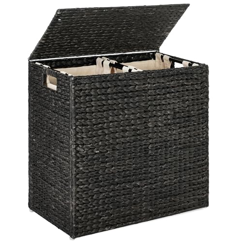 Best Choice Products Large Laundry Hamper with Lid, Natural Handwoven Hyacinth Laundry Basket, W/Removeable & Washable Liner Bag, Portable, Handles, 30 Gallon (114 liters) - Black - color: Black, size: Large, 114L