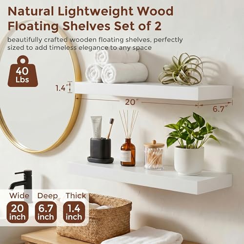 fuqing 20 Inch Floating Shelves, 6.7 Inch Deep White Wall Shelves Set of 2 | 20'' x 6.7'' x 1.4'' White Wood Shelves for Bathroom, Living Room, 35LBS, Lightweight, Hardware Included, Waterproof Finish - color: White, size: 20 Inch