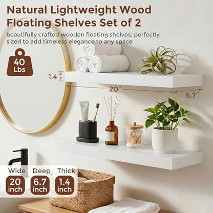 fuqing 20 Inch Floating Shelves, 6.7 Inch Deep White Wall Shelves Set of 2 | 20'' x 6.7'' x 1.4'' White Wood Shelves for Bathroom, Living Room, 35LBS, Lightweight, Hardware Included, Waterproof Finish - color: White, size: 20 Inch