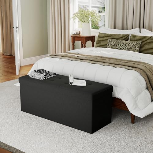 43.5" Folding Storage Ottoman Bench,Rectangle Foot Rest Stool for Living Room and Bedroom Holds 660 lbs,Black - color: Black-43.5"