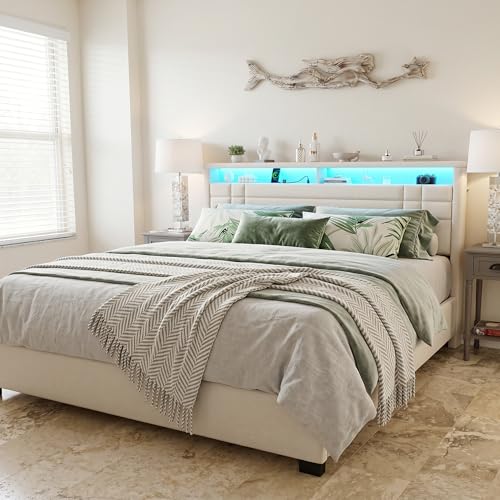 EnHomee King Upholstered Bed Frame with Charge Station & LED Lights, Beige | 2-Tier Shelves Headboard, 12" Under-Bed Storage Space, Noise-Free, No Box Spring Needed, Easy Assembly - color: Beige, size: King (U.S. Standard)