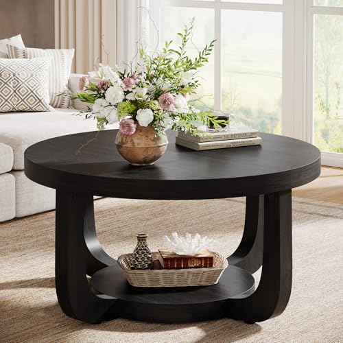 Tribesigns Round Coffee Table, 2-Tier Circle Coffee Table with Storage, Modern Wooden Accent Center Table for Living Room, Thick Tabletop & Base, Black - color: Black