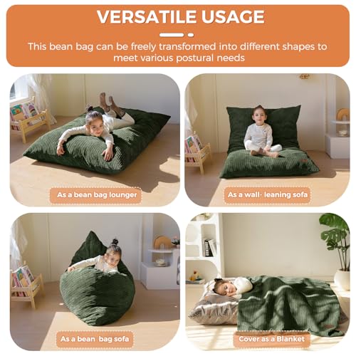 MAXYOYO 3 in 1 Kids Bean Bag Chair Bed, Comfy Floor Sofa with Removed Cover | Convertible Chair Folds from Bean Bag to Lounger, Floor Sofa Couch with High-Density Foam Filling, Dark Green - color: Dark Green