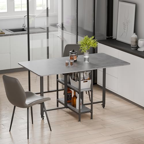 Mondeer Folding Dining Table, Drop Leaf Dining Table for Saving Space with Wheels and 2-Layer Storage Shelf, Modern Kitchen Table for Living Room, 55.1" W x 31.5" D x 29.5" H, Grey
