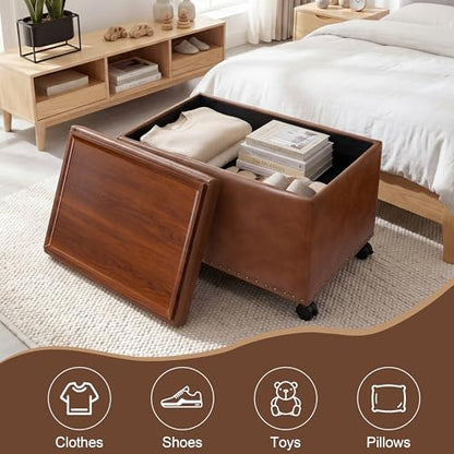 Homebeez Faux Leather Storage Ottoman with Wheels and Reversible Tray Top, 22” Tufted Rectangular Coffee Table with Hidden Storage, Nailhead Rolling Footrest for Living Room & Bedroom, Caramel Brown - color: Caramel Brown With Wheels