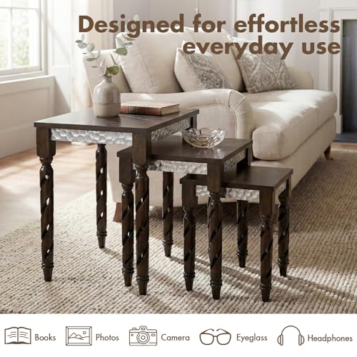 Hyfirm Nesting Tables Set of 3, Walnut Mid Century Modern Accent Tables with Spiral Rubber Wood Legs & Silver Honeycomb Apron, Retro Stackable Side Tables for Living Room, Bedroom & Small Apartments - color: Walnut Top+silver Apron