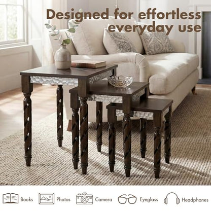 Hyfirm Nesting Tables Set of 3, Walnut Mid Century Modern Accent Tables with Spiral Rubber Wood Legs & Silver Honeycomb Apron, Retro Stackable Side Tables for Living Room, Bedroom & Small Apartments - color: Walnut Top+silver Apron