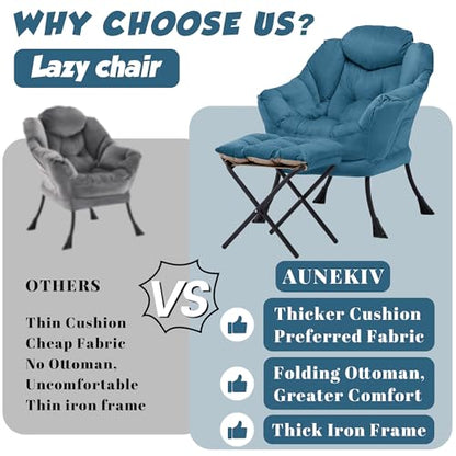 Lazy Chair with Ottoman, Comfy Reading Chair, Blue | Cushioned Seat with Foldable Ottoman and Side Pocket, Lounge Chair for Bedroom, Living Room, Dorm and Small Spaces - color: Blue