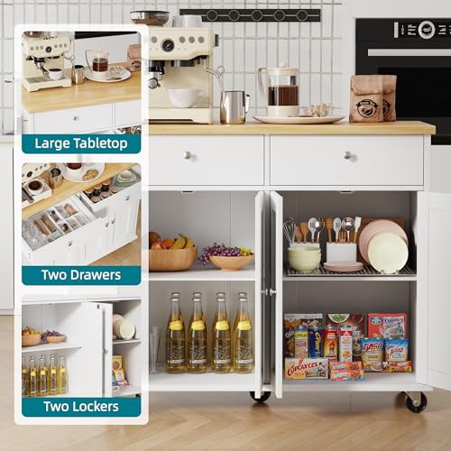 Shintenchi Kitchen Island with Drop Leaf, Rolling Kitchen Cart with Storage on Wheels, Table Bar Cart for Kitchen with Towel Rack & Seating Area for Dining Room, White - color: White