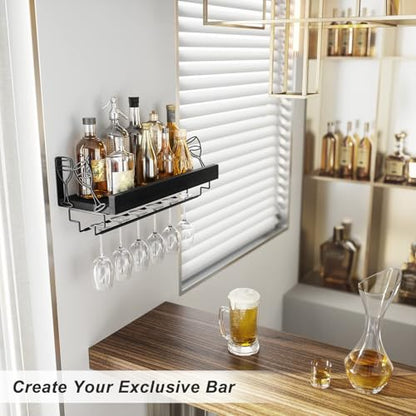 Love-KANKEI Wine Rack with Stemware Hanger,Solid Wood/Bracket,17inch,Black | Wine Glass Rack,Floating Wall Shelf,Easy to Install,40 Lbs/shelf,For Kitchen,Dinning Room,Home Bar,Living Room,Elegant Design - color: Pitch Black
