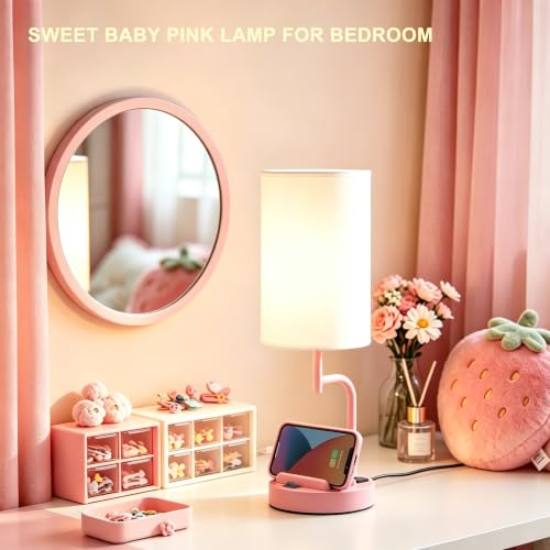 Dreamholder 2 Pack Table Lamp, Bedside Lamp with 3 USB Charging Ports & AC Outlet, USB Desk Lamp with 2 Phone Holders, Linen Fabric Shade Nightstand Lamps for Bedroom Living Room Office, Baby Pink - color: Baby Pink