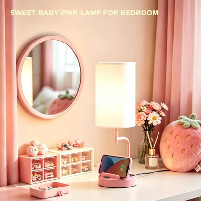 Dreamholder 2 Pack Table Lamp, Bedside Lamp with 3 USB Charging Ports & AC Outlet, USB Desk Lamp with 2 Phone Holders, Linen Fabric Shade Nightstand Lamps for Bedroom Living Room Office, Baby Pink - color: Baby Pink