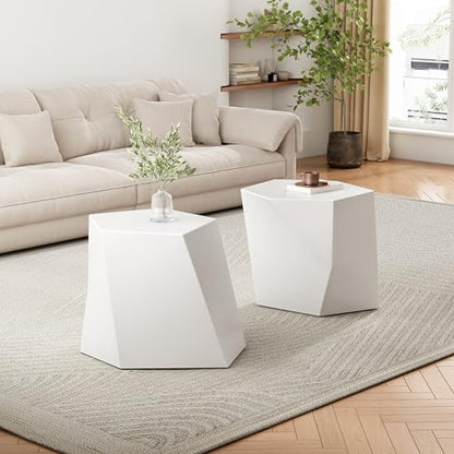 Irregular Nesting Coffee Table Set of 2, Modern Hexagon Side Table, MGO End Table Accent Tables for Living Room Apartment Balcony Office, White - color: 30.25" White