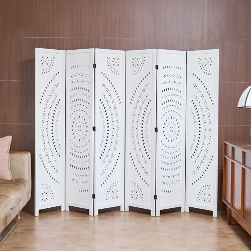 167.9cm(66.9인치) 접이식 방 칸막이, 6패널 나무 조각 프라이버시 스크린, 홈 오피스 레스토랑 침실용 무료 조립 독립형 파티션 (화이트 워시) - color: 화이트 워시드, size: 6 Panels