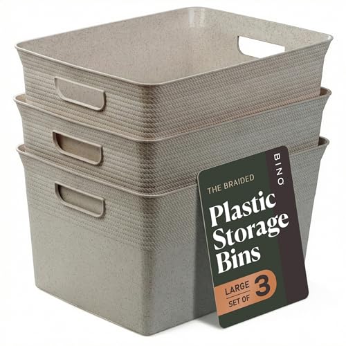 BINO | Plastic Storage Bins, 22 Liter - 3 Pack, Natural Grey | THE BRAIDED COLLECTION | Plastic Bins for Organization | Woven Storage Baskets for Organizing Pantry Shelf Organizer Basket Container Bin - color: Natural Grey, size: 22L | 3-Pack