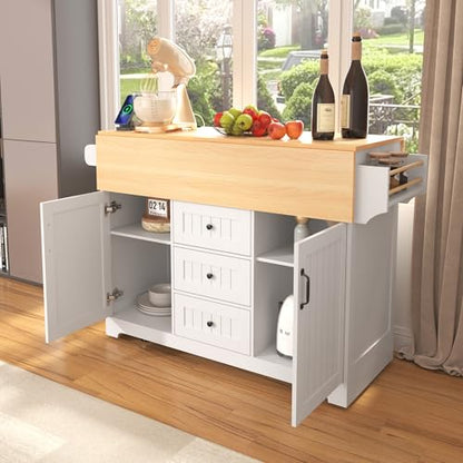 55.7'' Kitchen Island with 2 Drop Leaf, Rolling Kitchen Island On Wheels with Power Outlet, Mobile Island Table with with Storage, for Kitchen, Dining Room (White) - color: White