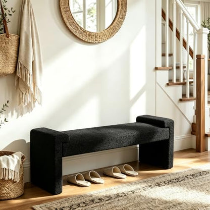 Upholstered Entryway Bench, 58.7" Modern Bedroom Bench, Black | Sherpa Fleece, Curved Armrests, Solid Wood Frame, End of Bed, Bedroom, Living Room, Hallway - color: Black-sherpa, size: 58.7"