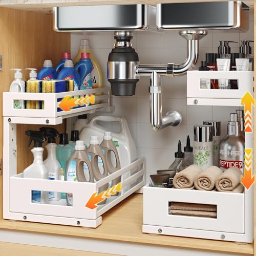 L-Shaped Metal Under Sink Organizer, 2-Tier Double Pull-Out Cabinet Organizer for Kitchen & Bathroom Storage, Height Adjustable, Smooth Cylinder Rail, White, 2 Packs - color: White, size: 2 Pack-15.7"Dx11.4"-16.34"H