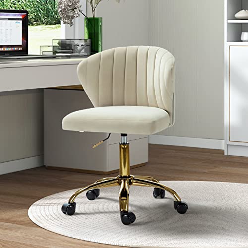 TINA'S HOME Office Desk Chairs with Wheels & Gold Base, Modern Velvet Cute Armless Office Chair, Adjustable Low Back Swivel Rolling Chair, Upholstered Task Chair for Living Room Vanity Study-TAN | Modern Velvet Cute Armless Office Chair, Adjustable Low Ba