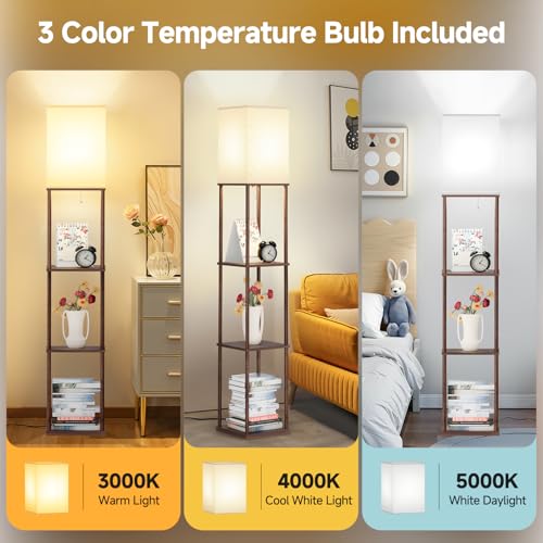 Coucrek 2-Pack Floor Lamp with Shelves, 3-Tier Standing Shelf Lamp | 3CCT 950LM Bulb Included, Storage Bookshelf Tall Standing Lamps for Living Room Bedroom Office - color: Brown