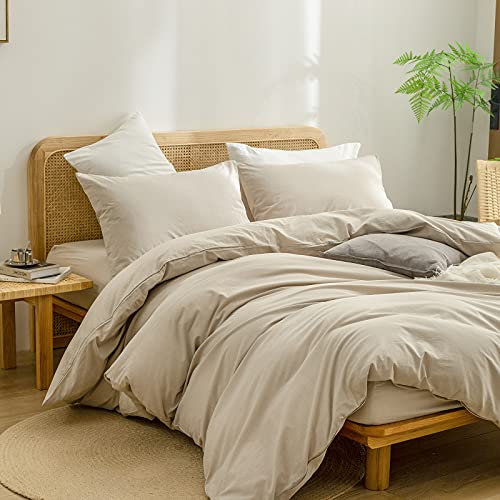 BESTOUCH Cotton Solid Duvet Cover Set Almond Milk Grey Super Queen | 100% Washed Cotton, Soft Wrinkle Texture, Hidden Zipper, 8 Ties, Breathable Lightweight Durable Comfy, 3 Pcs No Insert - color: Almond Milk Grey (No Comforter), size: Super Queen (98" X