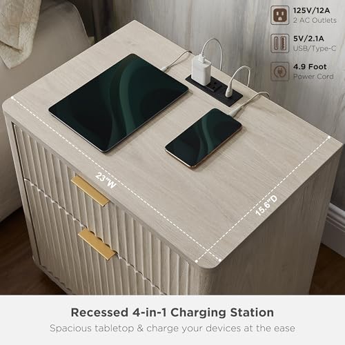 T4TREAM 23'' Fluted Nightstand with Charging Station, Modern, White Alder | Large 2 Drawer, Curved Profile, Mid-Century, Bedside Table with Storage, End Table for Living Room, Bedroom, Side Table - color: White Alder