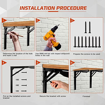 24 inch Black Sturdy Folding Shelf Brackets, Heavy Duty Adjustable Steel Wall Mounted Collapsible Shelf Bracket, Max Load 550lb - style: 4 PACK