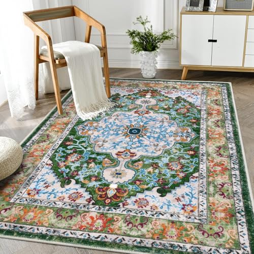 U'Artlines Boho Vintage Area Rug 3x5 Machine Washable Carpet, Green | Low Pile, Non Slip, Ultra-Thin Soft Floor Carpet, Accent Rug for Living Room Bedroom Dining Room Office - color: Green, size: 3' x 5' (Rectangular)