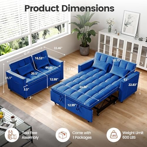 Sleeper Sofa Bed with Adjustable Backrest & Side Pockets, Blue | Adjustable Backrest & Side Pockets,Pull Out Sofa,Comfortable Fabric - color: S-blue-4pa