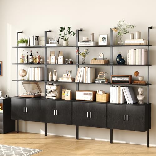 Yusong 73" Tall Bookshelf with Cabinet, Industrial Ladder Wall Mount Shelf Bookcase with Wood and Metal Frame, Plant Shelf Wall Storage Display for Living Room Bedroom, Black Wood Grain - color: Black