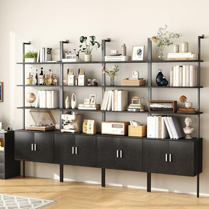 Yusong 73" Tall Bookshelf with Cabinet, Industrial Ladder Wall Mount Shelf Bookcase with Wood and Metal Frame, Plant Shelf Wall Storage Display for Living Room Bedroom, Black Wood Grain - color: Black