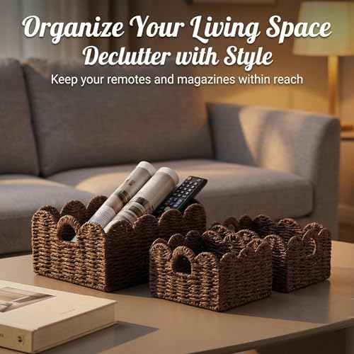 Scalloped Wicker Basket Set of 3, Hand-Woven Storage with Handles | set of 3 brown scalloped baskets with handles. Hand-woven paper rope for shelves, bathroom or closet. Stackable, sturdy. - color: Brown
