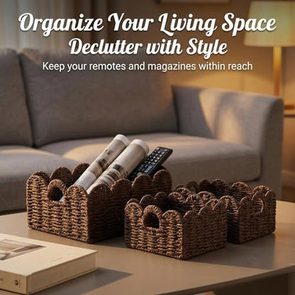 Scalloped Wicker Basket Set of 3, Hand-Woven Storage with Handles | set of 3 brown scalloped baskets with handles. Hand-woven paper rope for shelves, bathroom or closet. Stackable, sturdy. - color: Brown