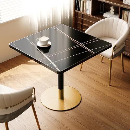 31.5'' Tulip Table, Square Dining Table with Sintered Stone Tabletop | Black Aluminum Alloy Edge & Gold Pedestal, Bistro Table for Dining Room/Café/Small Spaces/Restaurant (Black Gold Vein) - color: Black Gold Vein (Black Edge), size: Square