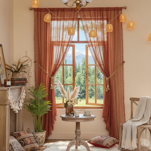 WAZZIO Boho Lace Curtains 72 Inches 2 Panel,Light Filtering Privacy Tassel & Geometry Crochet Semi Sheer Curtain Drapes for Bedroom Living Dining Room,Rod Pocket & Tassel,Full Decor,Burnt Orange - color: Burnt Orange, size: 59"W x 72"L (Pack of 2)