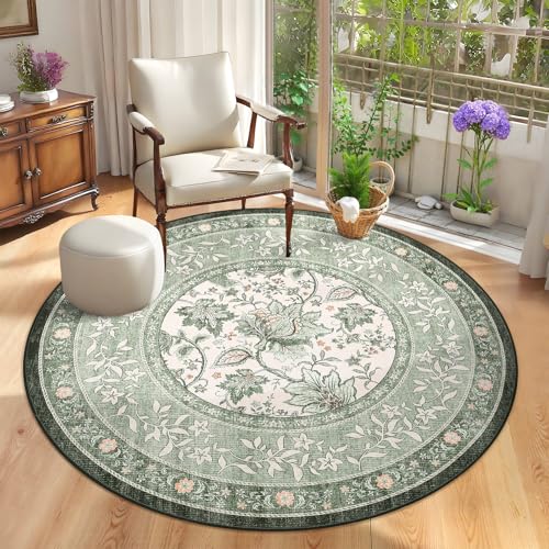 GarveeHome Sage Green Botanical Grove 6ft Round Rug, Small Circle Vintage Cottagecore Soft Low-Pile Non-Slip Washable Rugs for Living Room Bedroom Nursery Kitchen Retro Carpet - color: Sage Grove, size: 6 ft (Round)
