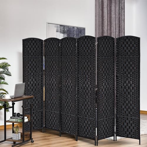 Folding Room Divider, 6Ft Tall Privacy Screen, Hand-Woven Wicker Style Freestanding Wall Partition for Home Office Bedroom, No Assembly Required - color: Black, size: 6 Panel