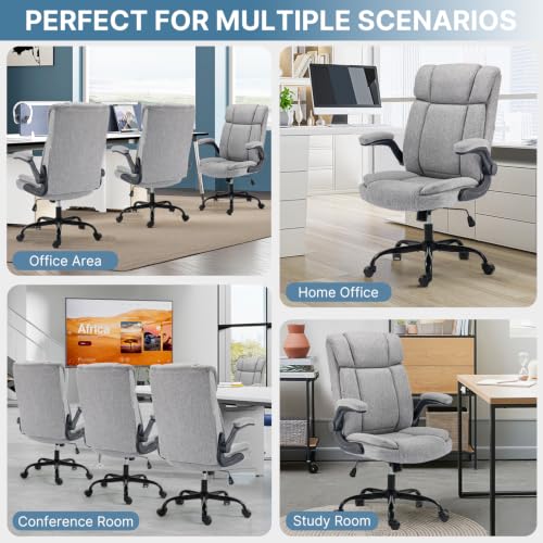 Fabric Office Chair High Back Executive Ergonomic Chair Flip Arms | Premium cloth fabric office chair with high back ergonomic support, flip-up arms, adjustable height, 90°-120° tilt function - color: Grey