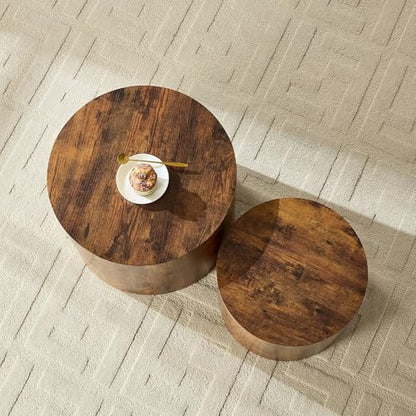 Round Nesting Coffee Table Set of 2 Living Room, No Assembly | Modern Wooden Center Tables, Tea Table for Apartment, Small Circle Accent End Table Set, Dark Brown - color: A-dark Brown