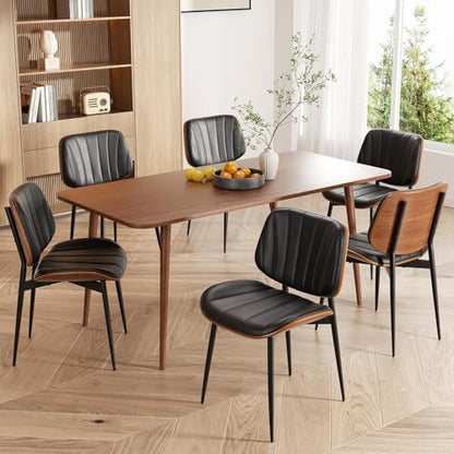 Dining Chairs Set of 6, Mid Century Modern Dining Room Chairs, Upholstered Faux Leather Kitchen Chair with Walnut Bentwood Back and Metal Legs for Kitchen Living Room, Black - color: Black, size: Set of 6