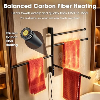 TRUSTMI 4-Swing Electric Towel Warmer with Timer, Matte Black | Rust-proof 304 SS warmer with carbon fiber heat, LED touch 24H timer, and 4 swing arms. Keeps bathroom towels dry - color: Matte Black