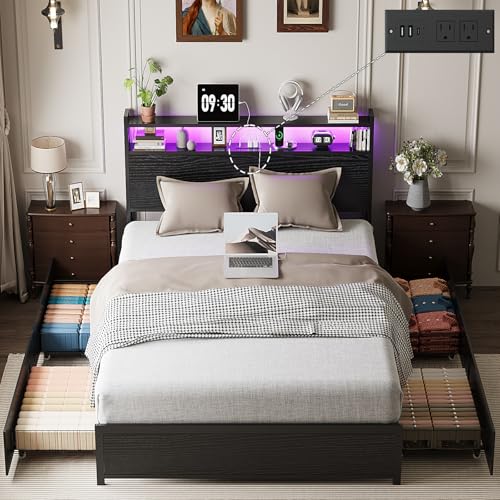 VINGLI Full Bed Frame with 4 Storage Drawers and Adjustable Headboard Shelf, Metal Double Platform Captain Bed with Charging Station and RGB LED Lights, No Box Spring Needed, Noise Free, Black - color: Black, size: Full/4 Drawers