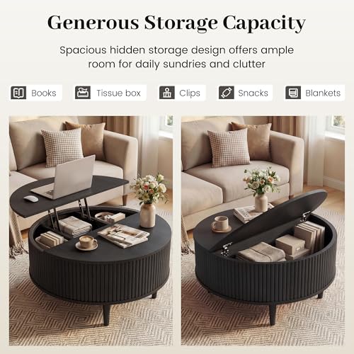 31.5" Round Coffee Table with Lifting Top, Storage for Living Room, Black | Fluted Center Table, Mid Century Modern Design for Home Office and Small Space with 4 Hidden Compartments - color: Black