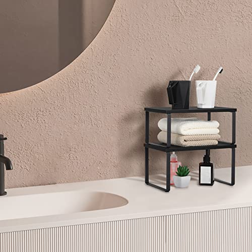 CADUKE Set of 4 Kitchen Counter Shelves, Cabinet Organizer, Black | Wood Countertop Shelves, Stackable Shelf Organizer, Expandable Cabinet Shelf, For Pantry, Industrial - color: Black
