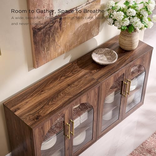 Glass Arched Door Sideboard Buffet Cabinet Set of 2, Brown | Modular, Multi-Compartment Storage, Adjustable Shelf, Soft Close Hinges, Freestanding, for Dining Room, Living Room - color: Brown