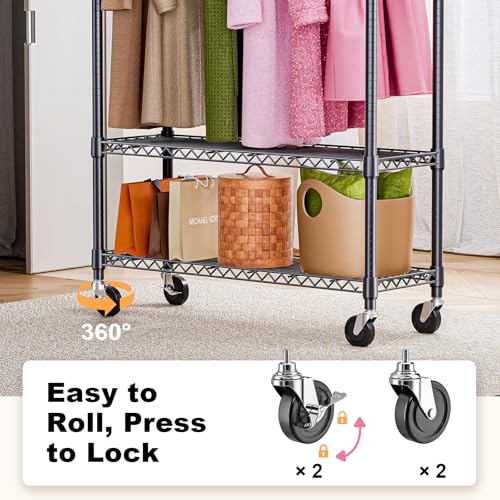 M MZG Heavy Duty Rolling Garment Rack 3 Tiers Adjustable Wire Shelving Clothes Rack with 1 Rods and Side Hooks,Storage Closet Clothing Rack with Wheels Black 15.7" D x 45.3" W x 75.6" H - color: Black, size: 3 Tier and 1 Rod 15.7"D x 45.3"W x 75.6"H
