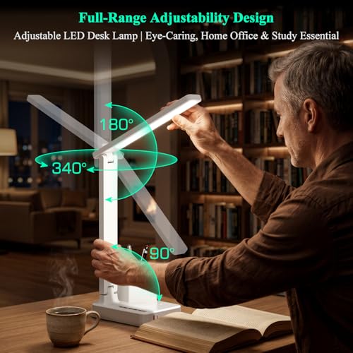 LED Desk Lamp USB A/C AC Pen Holder Dorm Home Office Desk Light White | Adjustable LED Desk Light with USB A/C, AC Outlet, Pen Holder; Small Desk Lamp for Dorm, Study, Craft & Home Office - color: White