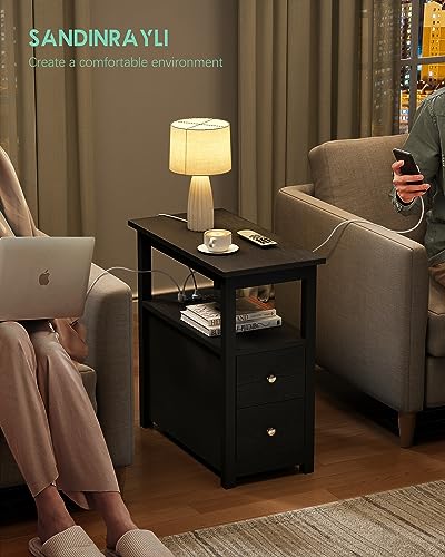 End Table with Charging Station, Side Table with 2 Drawer & USB Ports & Power Outlets, Nightstand for Small Spaces, Bedside Tables for Living Room Black - color: Black