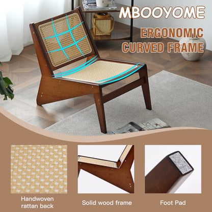 MBOOYOME Mid Century Modern Accent Chair, Compact Low-Profile Lounge Chair | Solid Wood Armchair with Woven Rattan Cane Seat and Back for Small Spaces, Bedroom, Reading Nook and Living Room, Walnut - color: Walnut