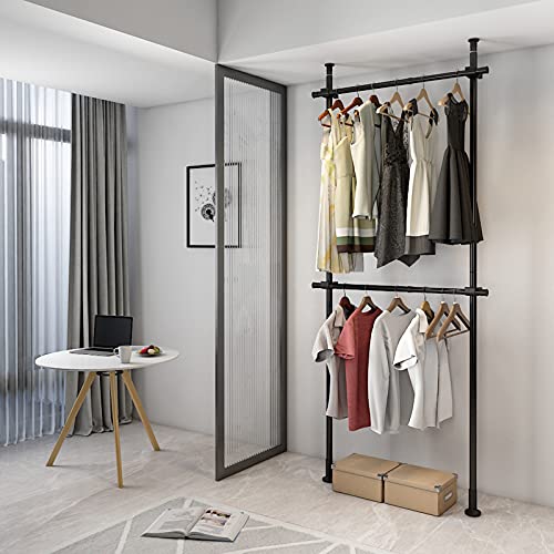 Heavy-Duty Floor to Ceiling Drying Rack, 2 Tier Adjustable Freestanding Clothes Organizer with Double Rods, 220.46LBS Capacity No-Drill Closet Rack for Home Use(Black)
